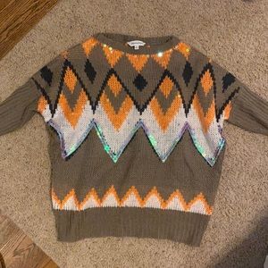 Davi & Dani sequin orange taupe geometric sweater